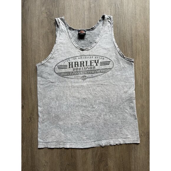 Vintage 90s Harley Davidson Motorcycle Columbus IN Grey Faded Tank Top Large Art - Picture 1 of 15
